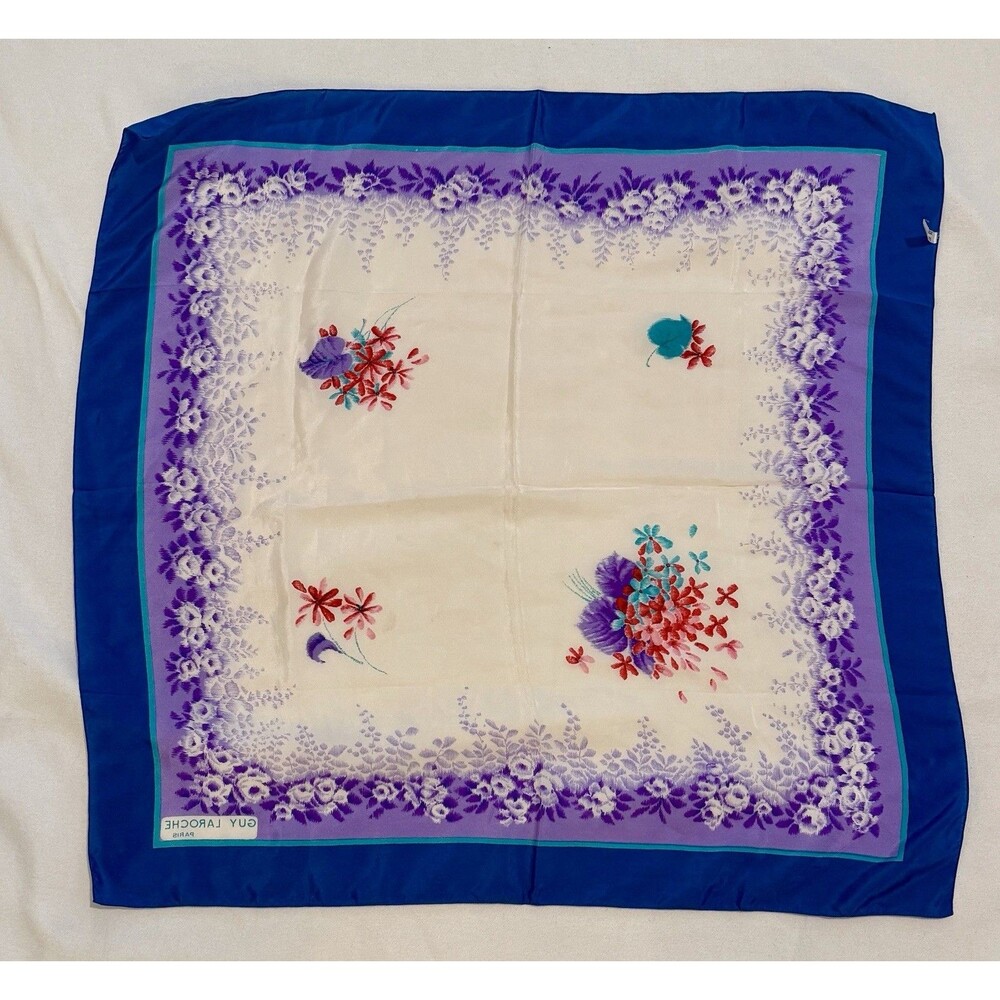 GUY LAROCHE PARIS 100% Silk Scarf Blue Flowers 26" Vintage Purple White Classic